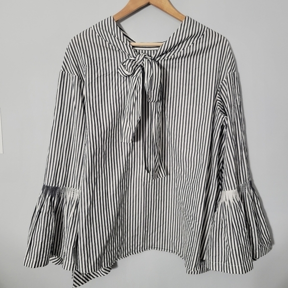 Teija Gray Striped High Neck Statement Bell Sleeve Blouse - Picture 9 of 12